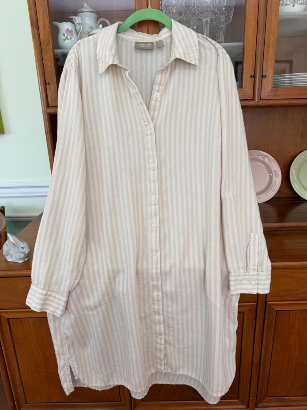 Denim & Co Naturals Light Beige Striped Button-Up Shirt Dress size Large.